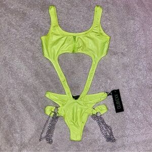 Club Exx | Neon Yellow Bodysuit w/ Silver Chains (blacklight reactive)